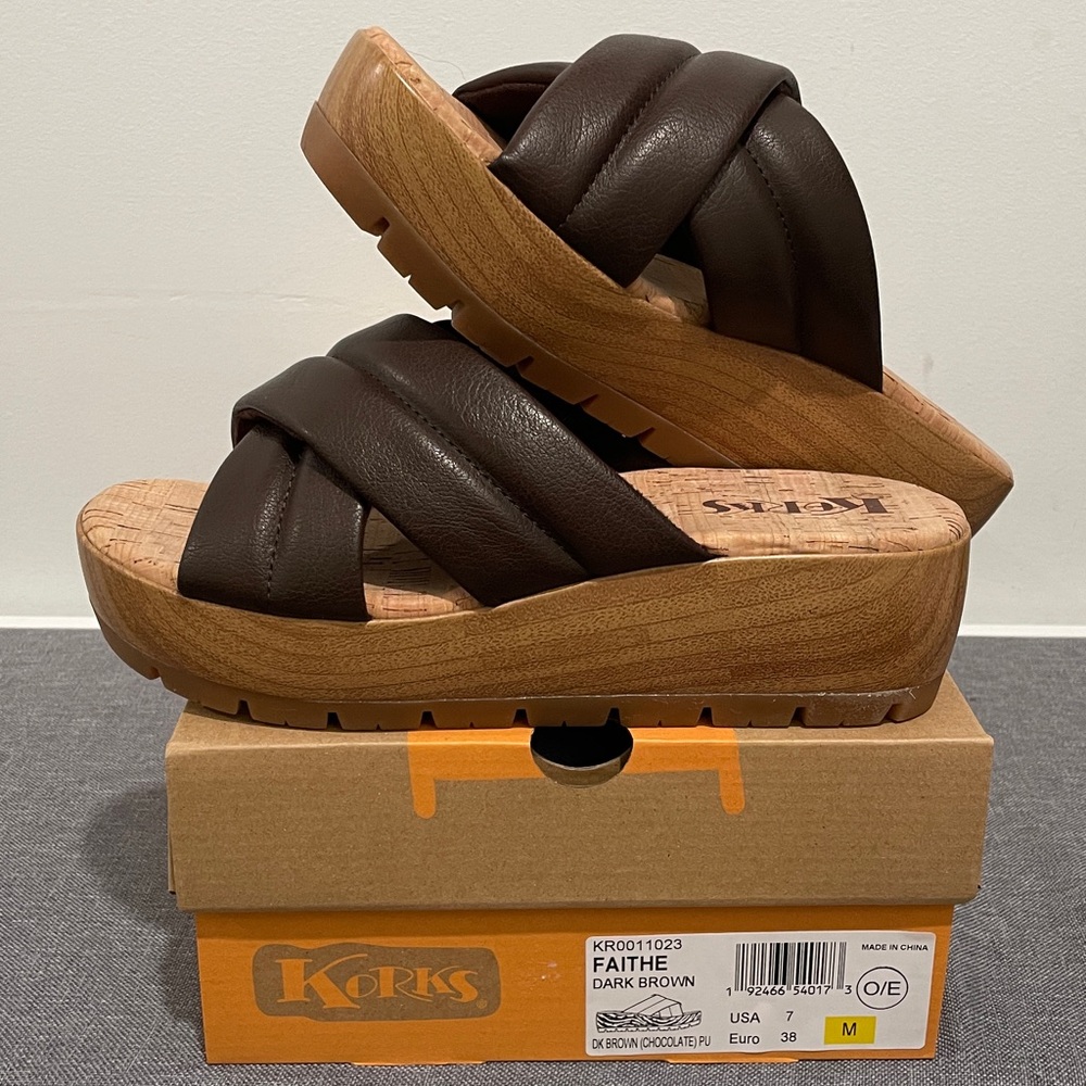 NIB KORKS chocolate brown slip on 2” platform mules crossover wedge clog slides